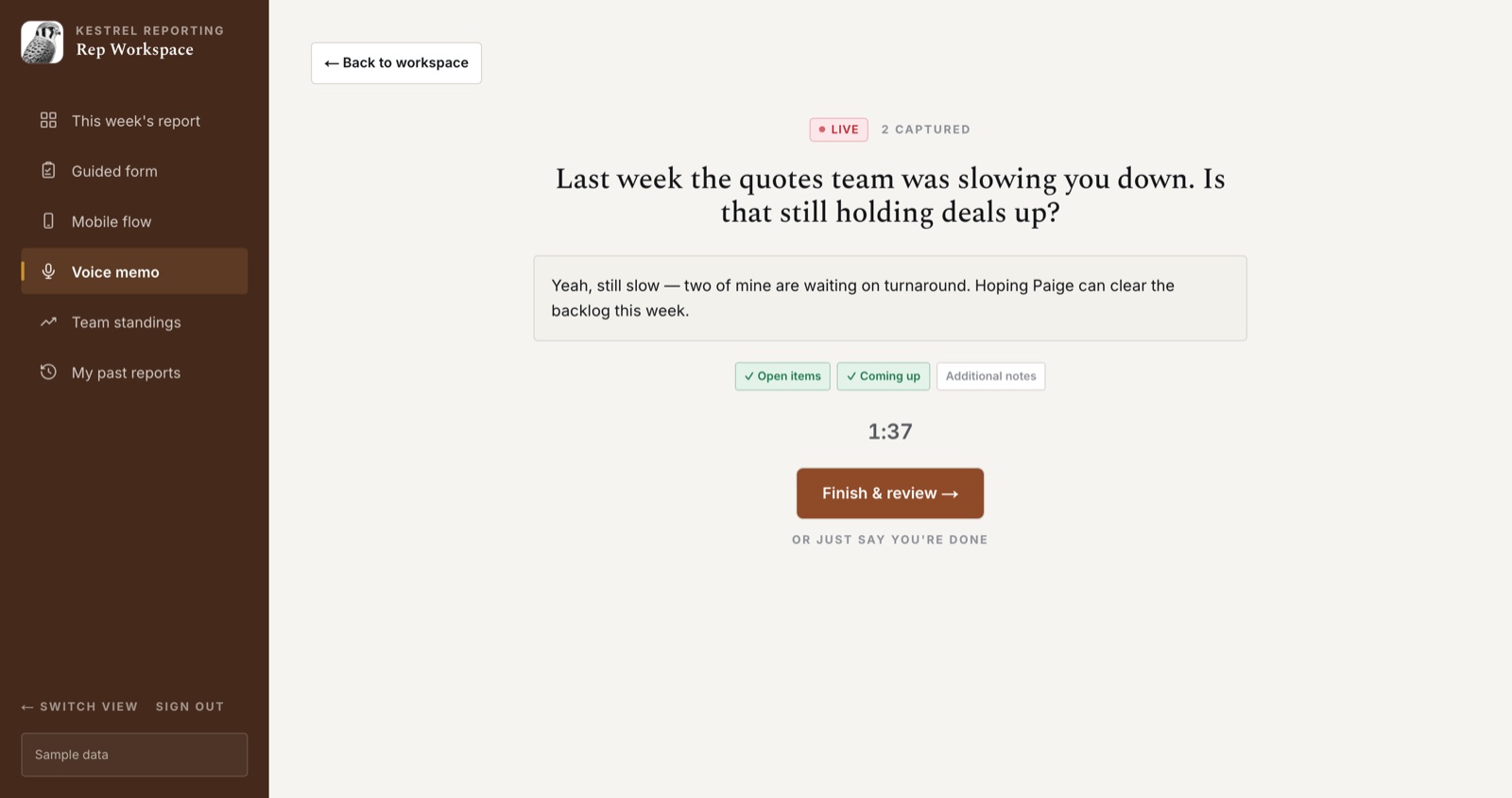 Kestrel voice check-in screen for a sales representative