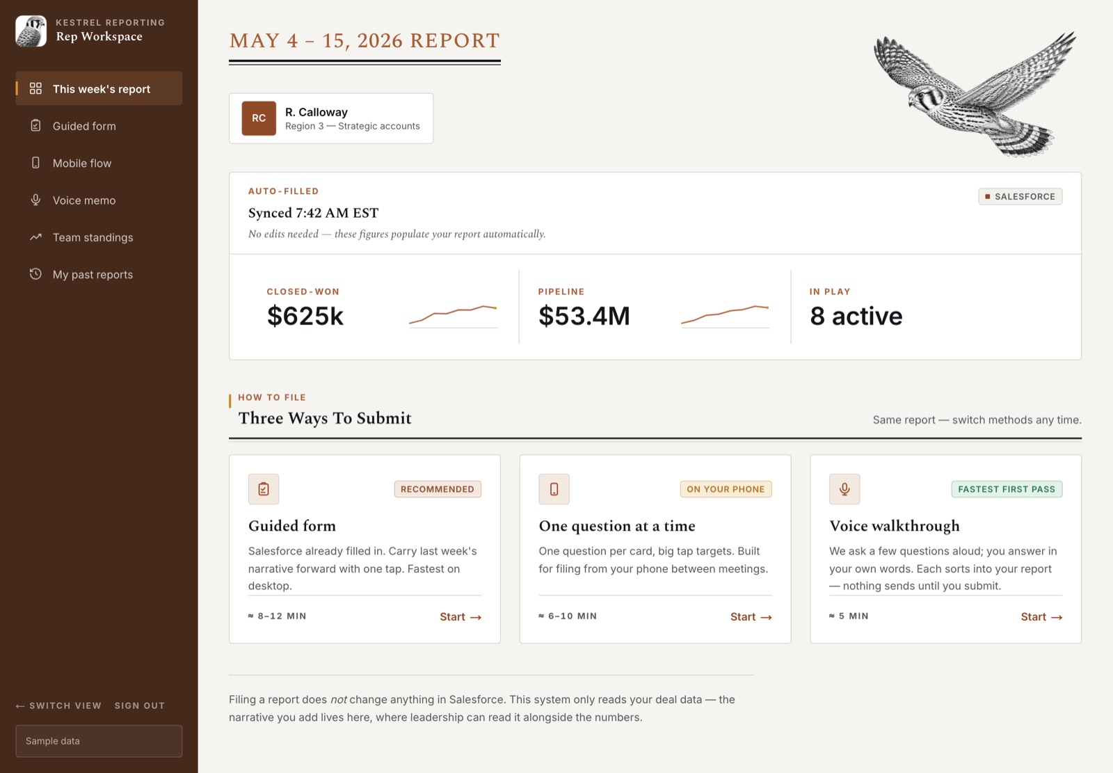 Kestrel rep workspace showing sample metrics and multiple filing methods
